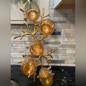 GOLD TONE ESSENTIAL DECOR TREE TABLE TOP CENTER PIECE+5 GLASS CANDLE HOLDERS